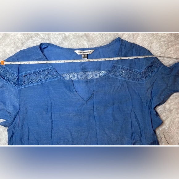 NWT Counterparts Womens Blouse Blue Crochet Short Sleeve Size Large A517 - Picture 8 of 9